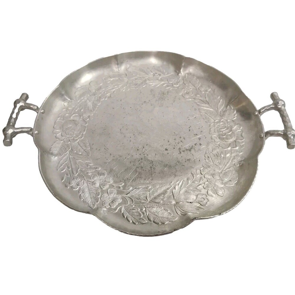Vtg Everlast Forged Aluminum Serving Tray With Handles #1116 Floral Design
